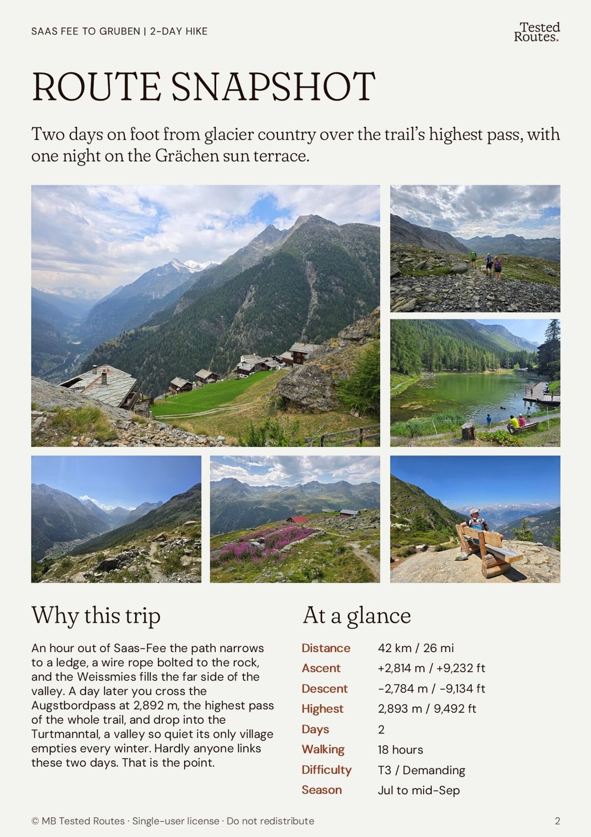 Route snapshot page: distance, ascent, difficulty and season at a glance