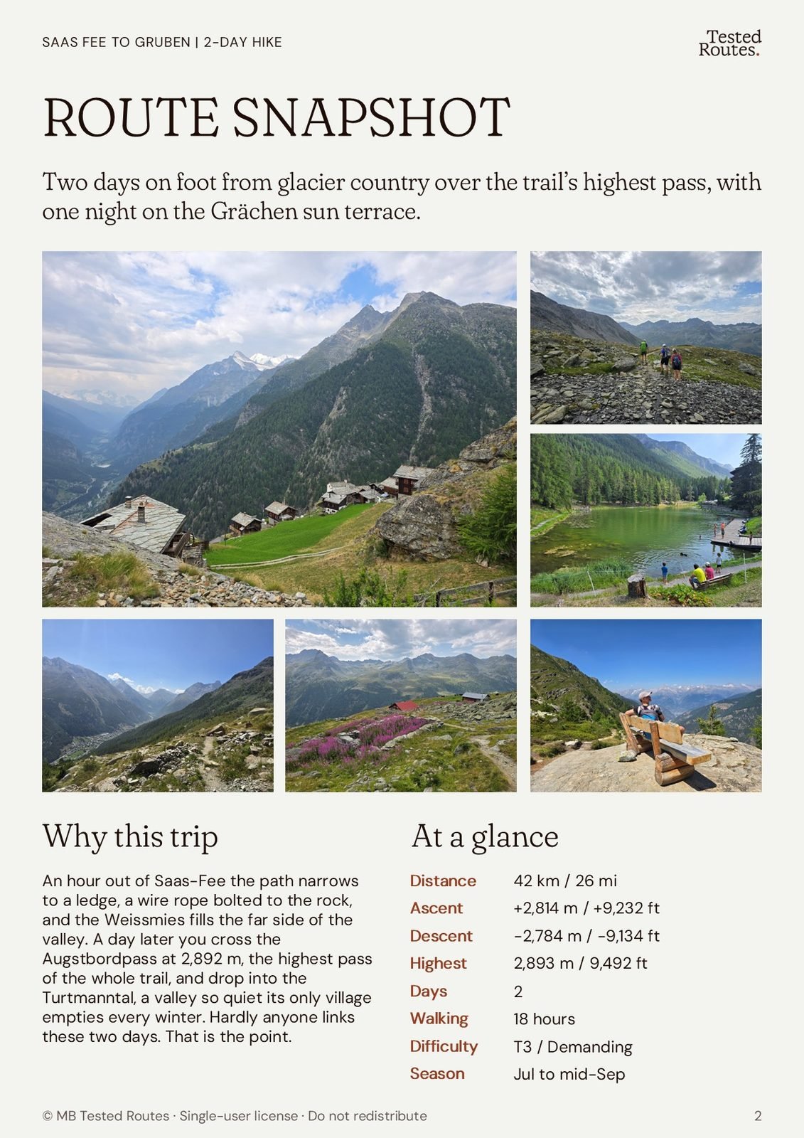 Route snapshot page: distance, ascent, difficulty and season at a glance