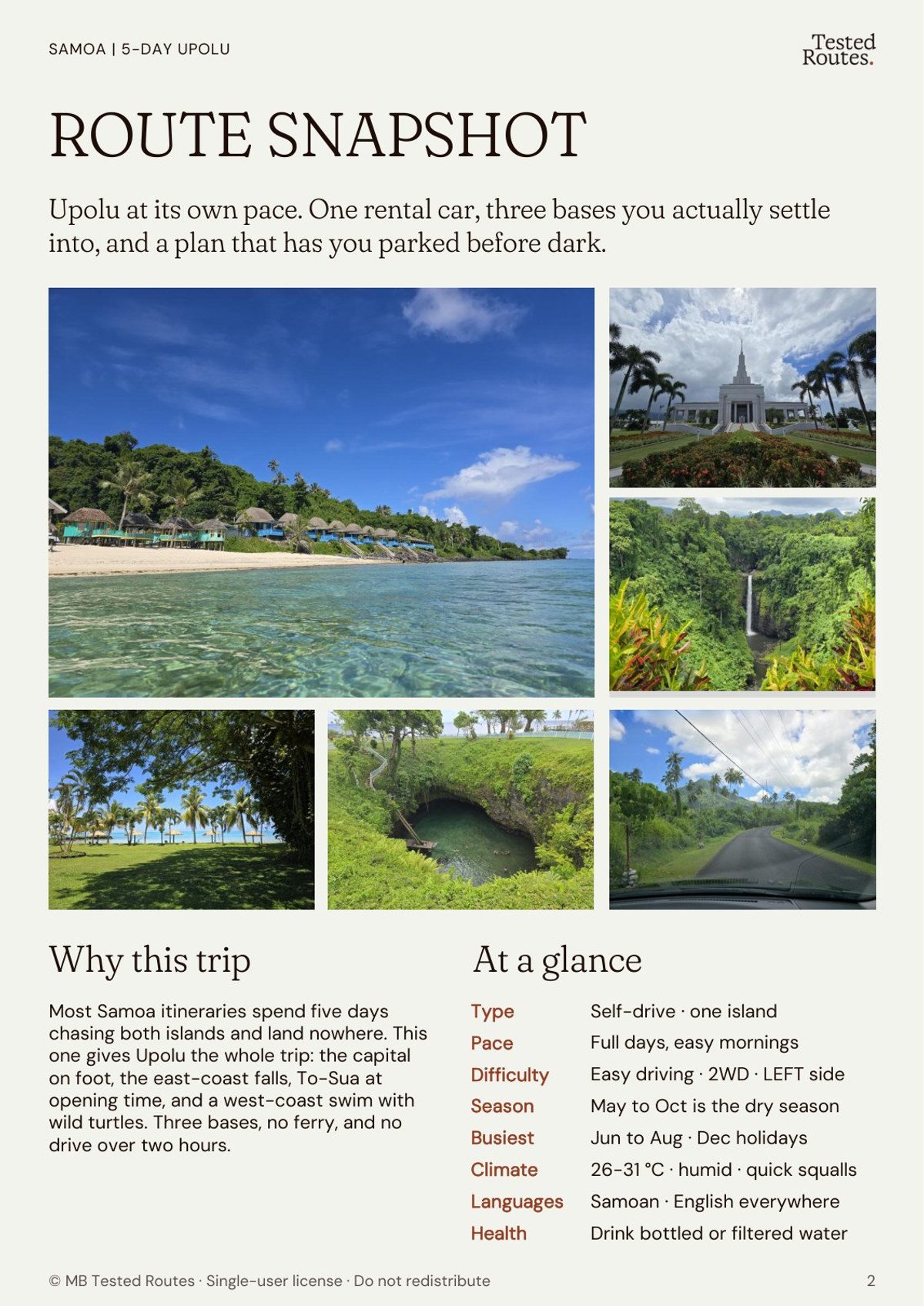 Route snapshot page: why this trip, at a glance, and the photo spread