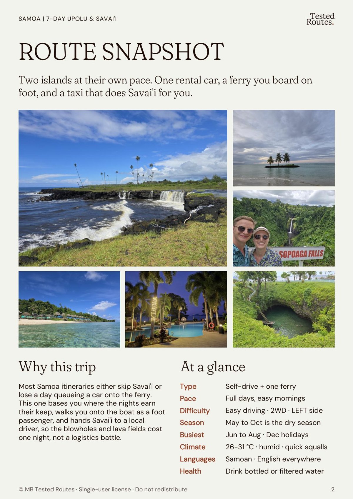 Route snapshot page: why this trip, at a glance, and the photo spread