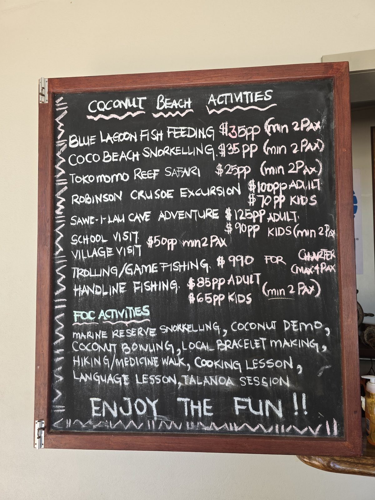 The chalked activities board at a Yasawa island resort