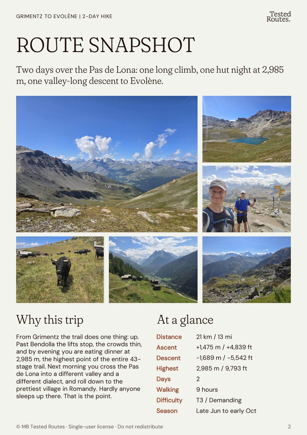 Route snapshot page: distance, ascent, difficulty and season at a glance