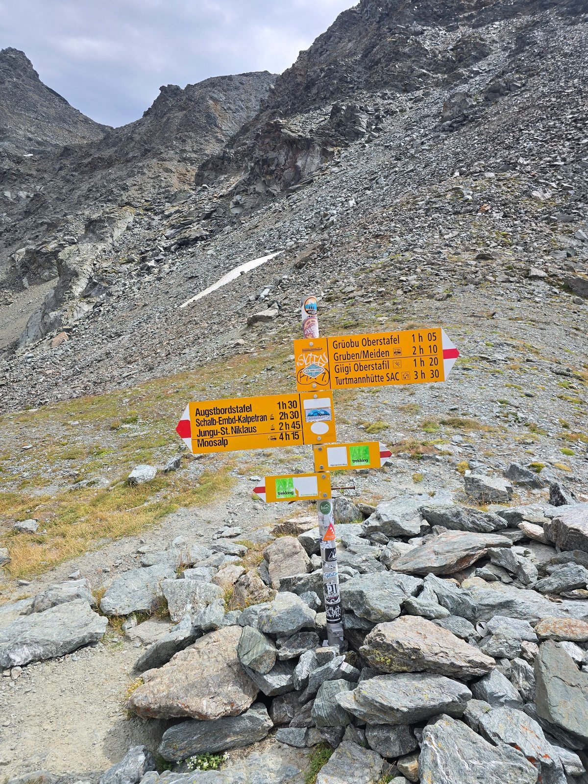 The signpost cairn on the Augstbordpass at 2,892 m