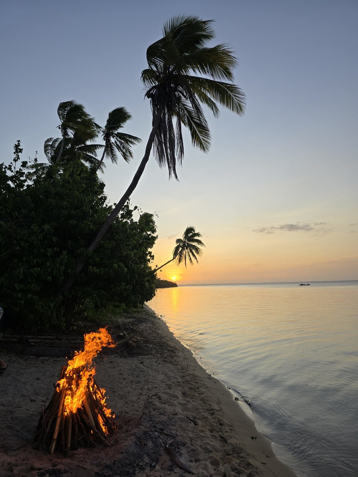 A beach bonfire at sunset beside calm water