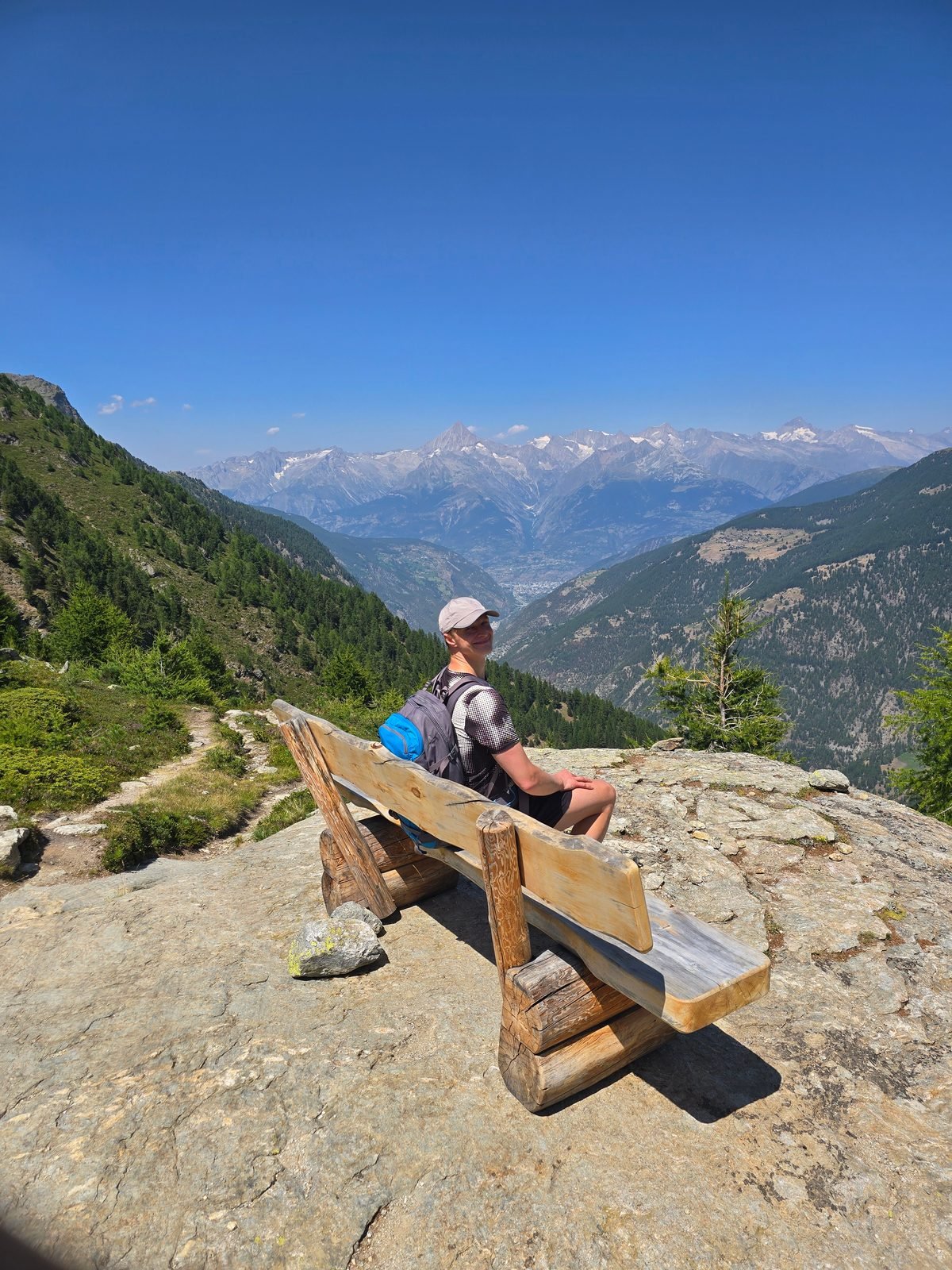 The bench above the Mattertal, Weisshorn views ahead on Day 1