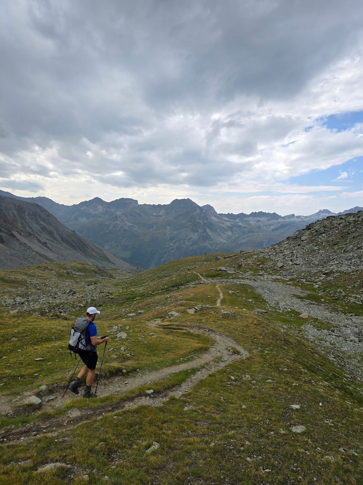 Descending the high moraine valley from the Augstbordpass on Day 2