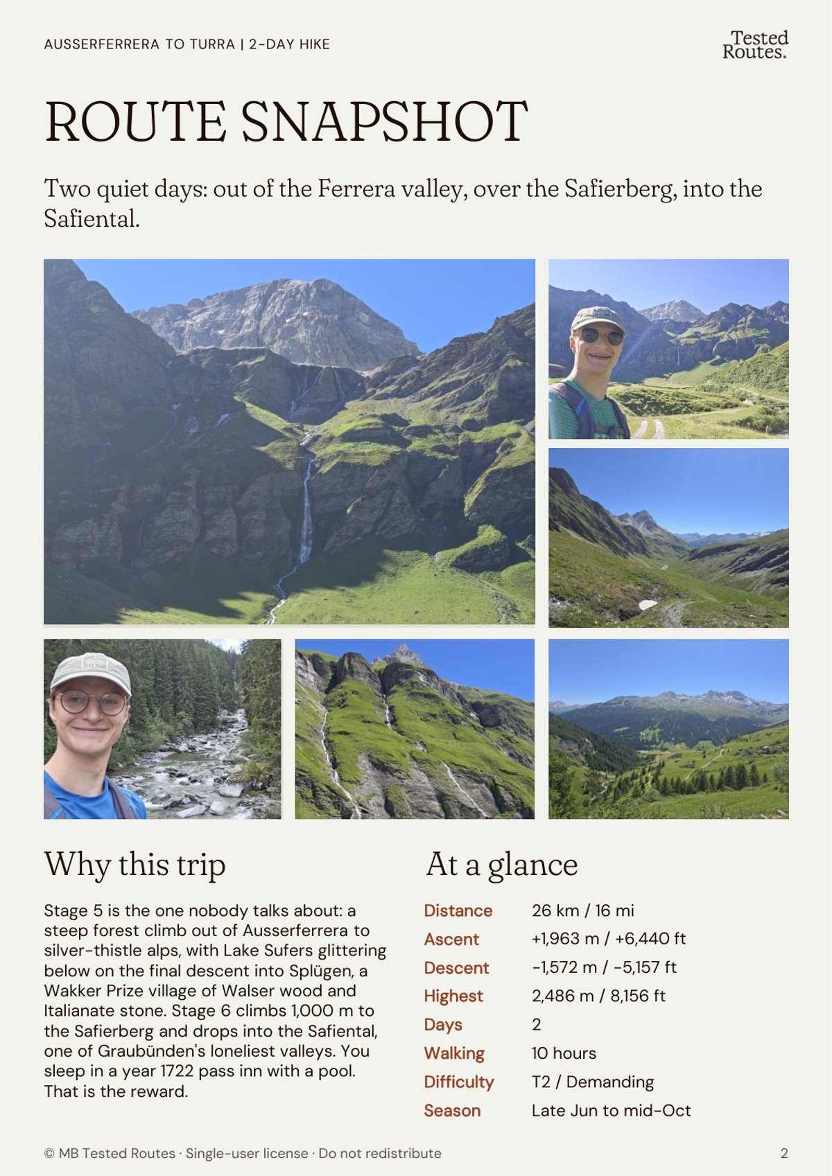 Route snapshot page: distance, ascent, difficulty and season at a glance