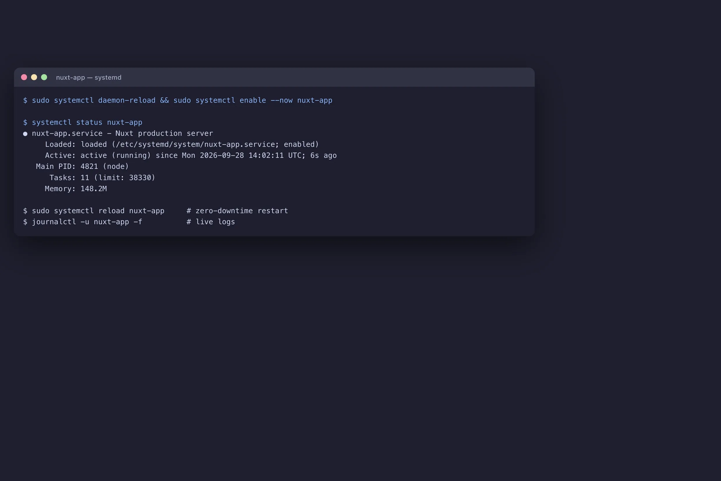 Terminal showing systemctl status for the Nuxt systemd service