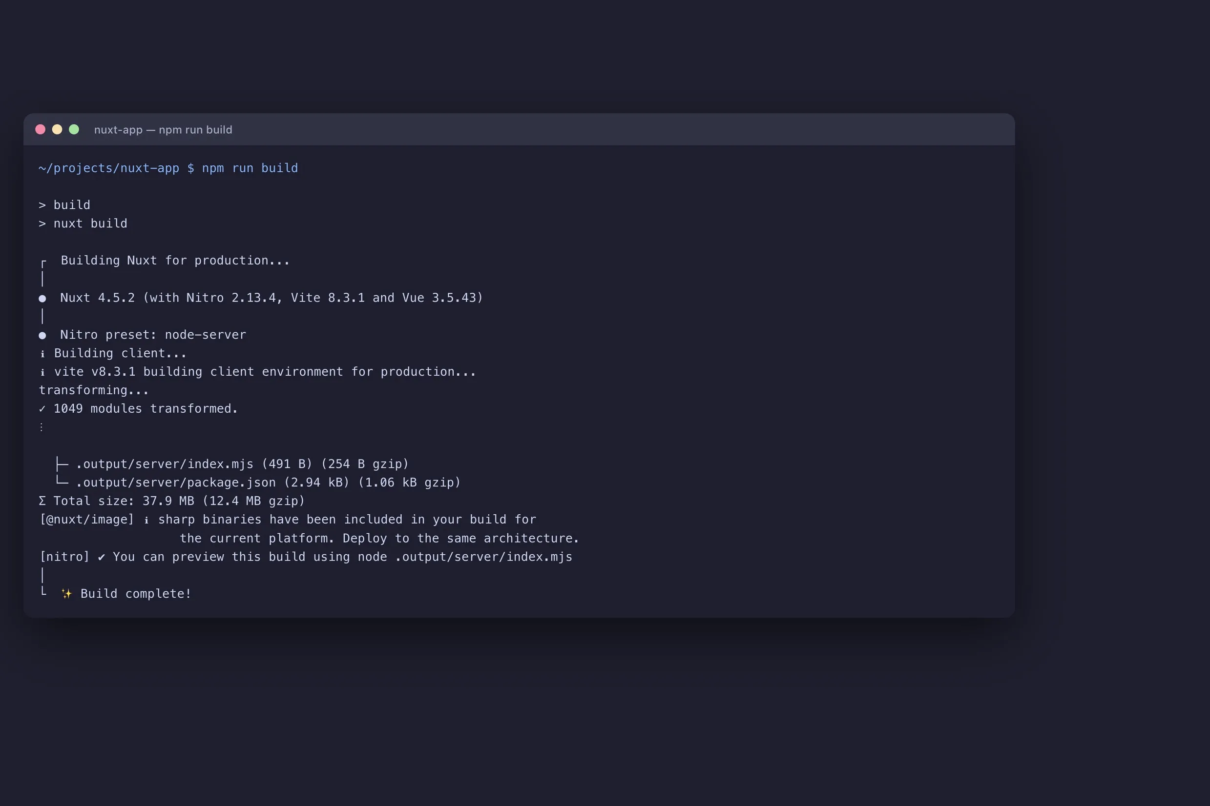 Terminal showing a successful Nuxt production build