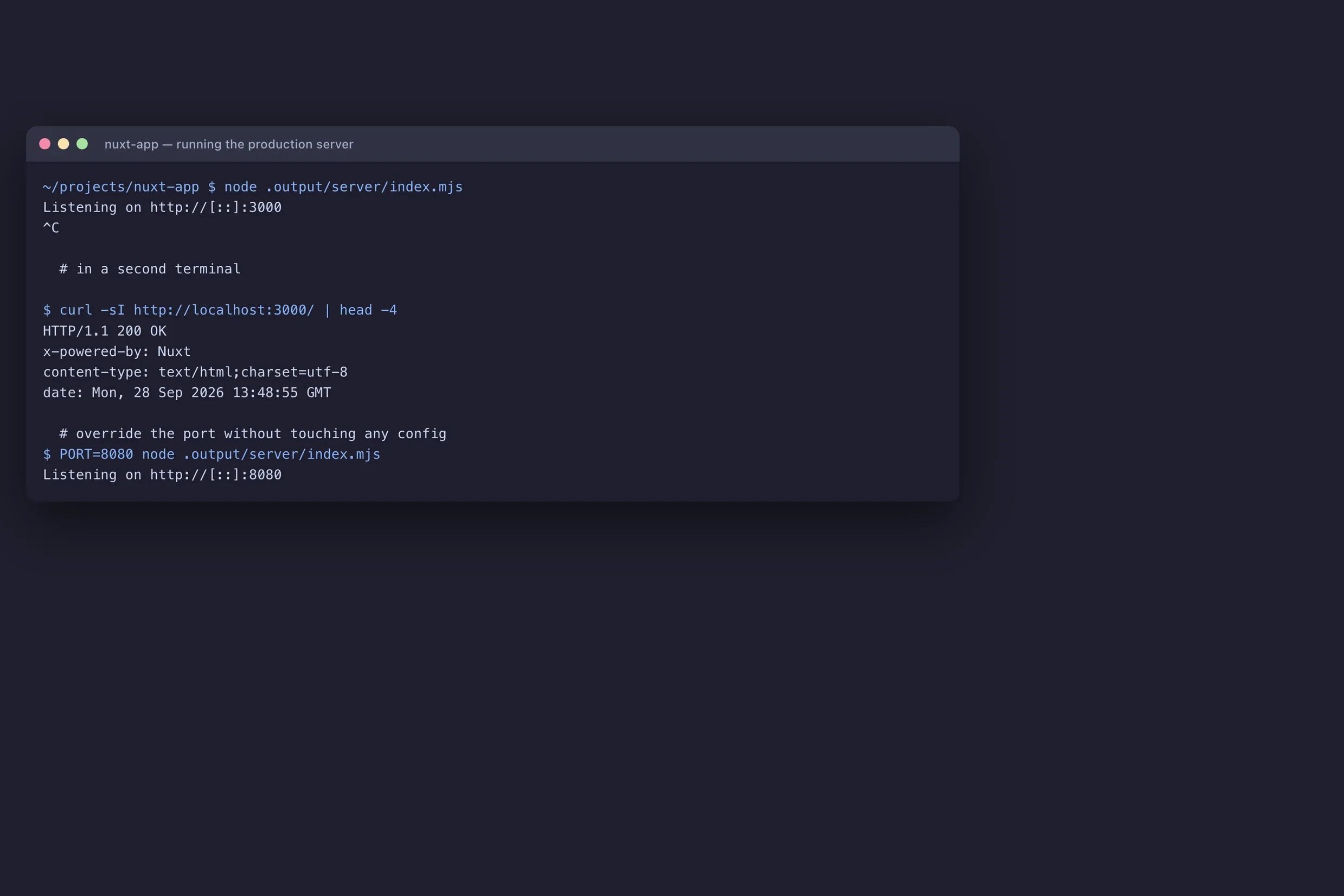 Terminal starting the Nitro production server and querying it with curl