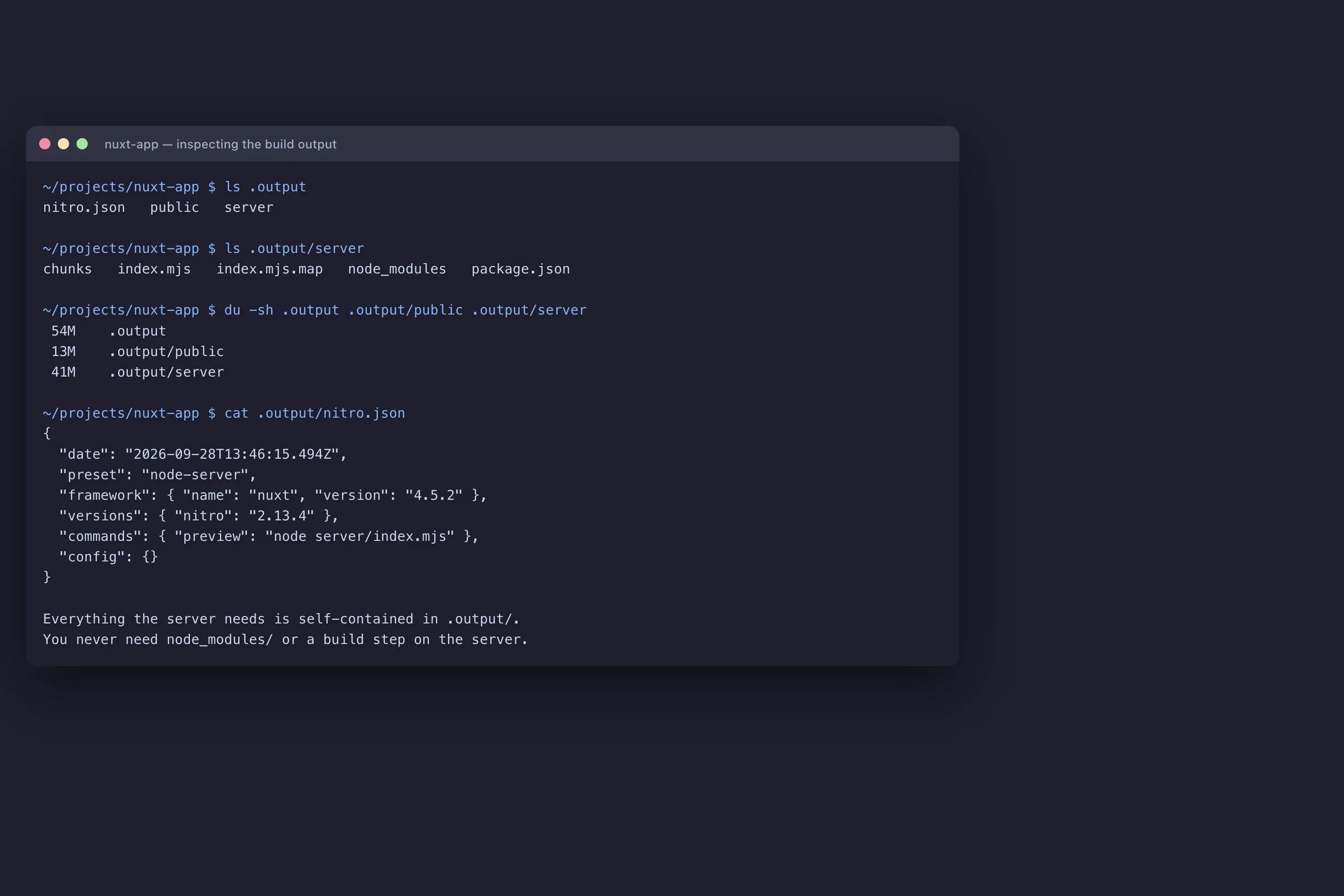 Terminal showing the contents of the .output directory and its nitro.json manifest