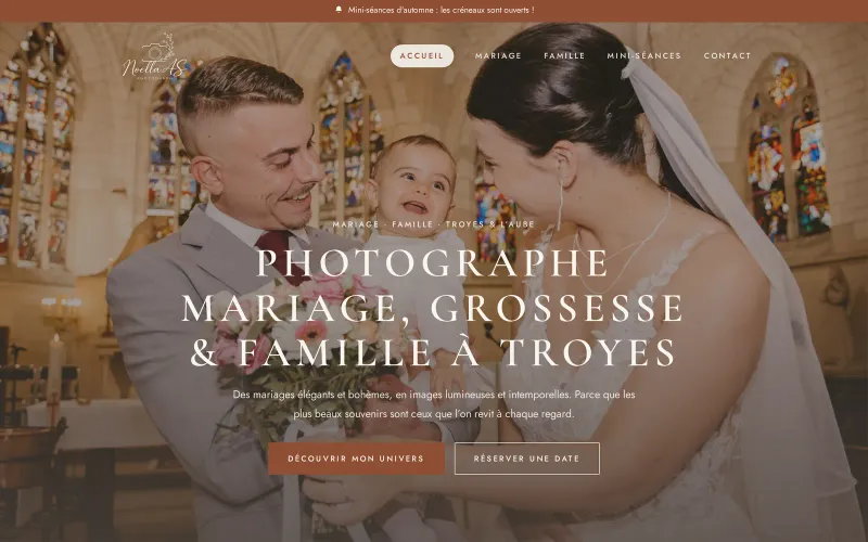 Page d'accueil du site de Noella AS Photographie, photographe de mariage dans l'Aube