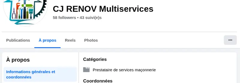 Page Facebook de CJ RENOV Multiservices en septembre 2026, catégorie « Prestataire de services maçonnerie »