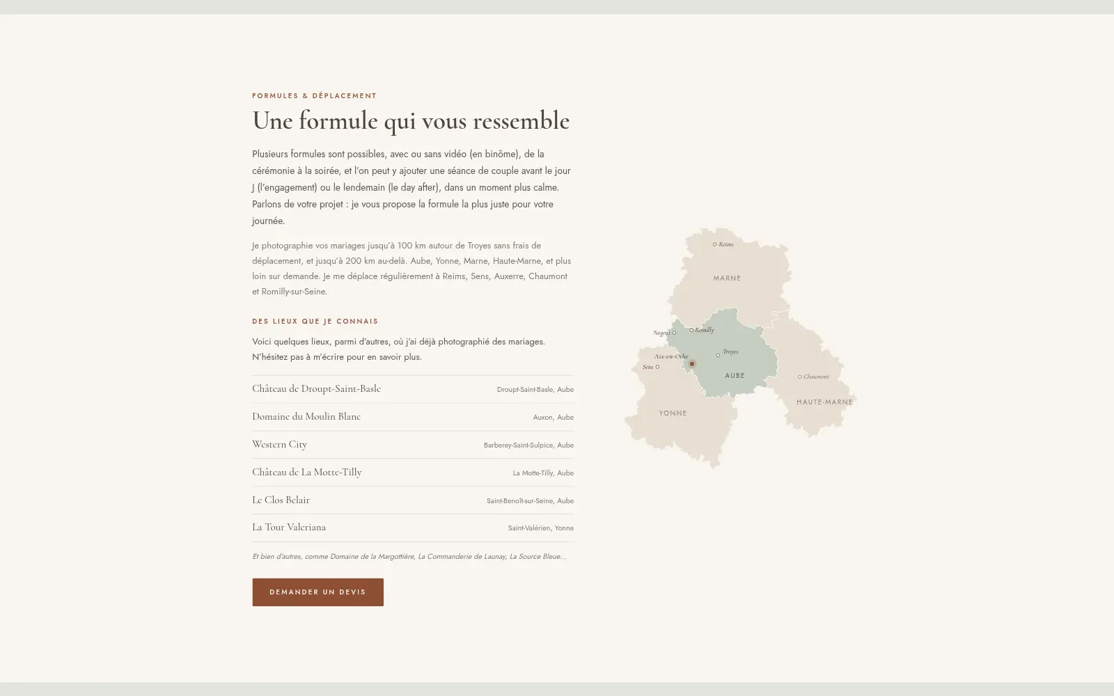 La carte de la zone d'intervention de Noella, avec l'Aube en couleur, et la liste des lieux de mariage qu'elle connaît