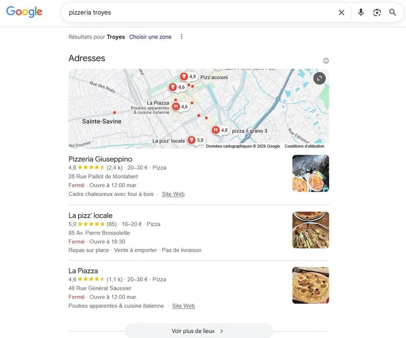 Pack local Google sur « pizzeria Troyes » : Giuseppino, La pizz' locale et La Piazza occupent les trois places affichées, Pizz'Accioni n'apparaît que sur la carte