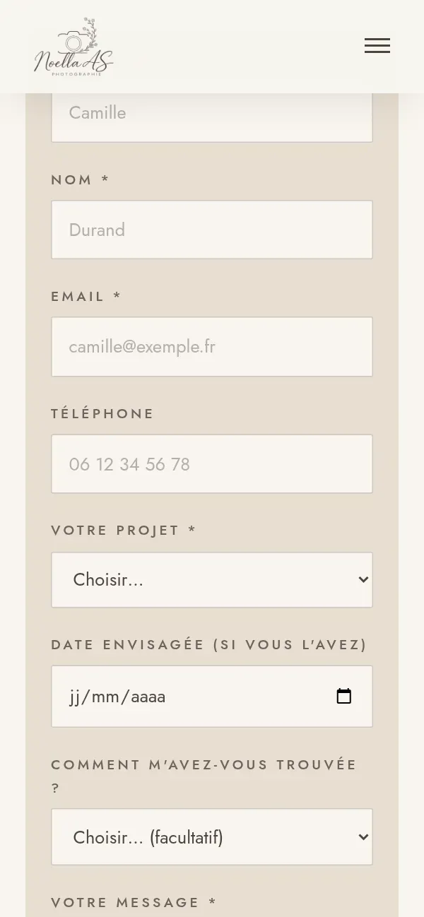 Le formulaire de contact du site de Noella AS Photographie, sur téléphone