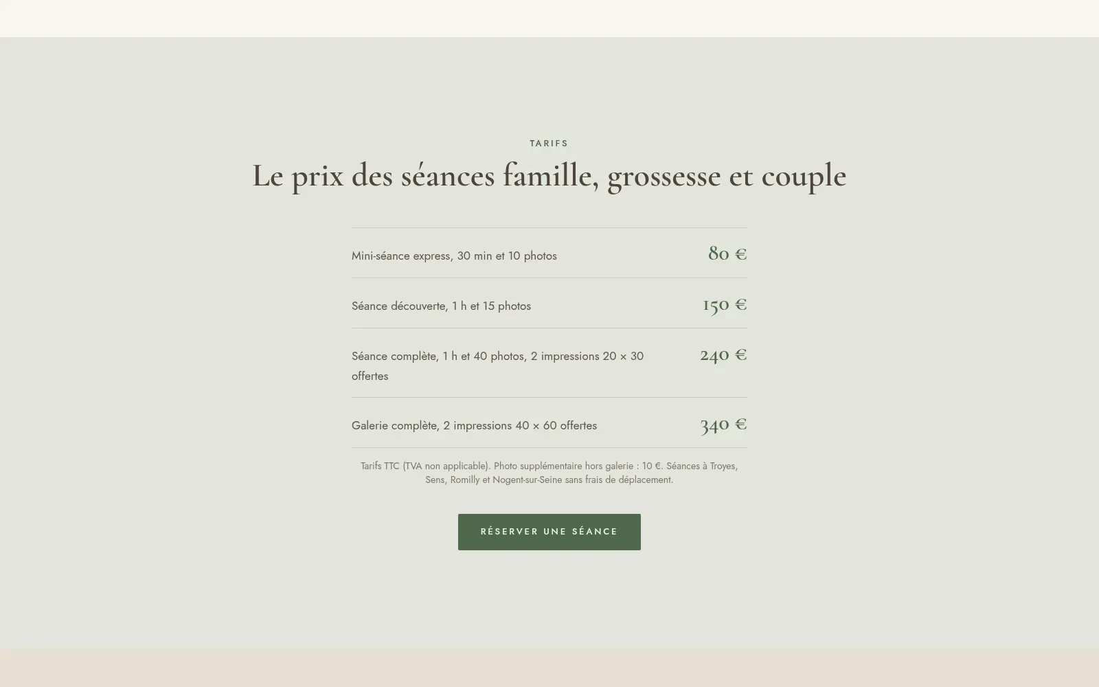 Le tableau des prix des séances famille, grossesse et couple sur le site de Noella