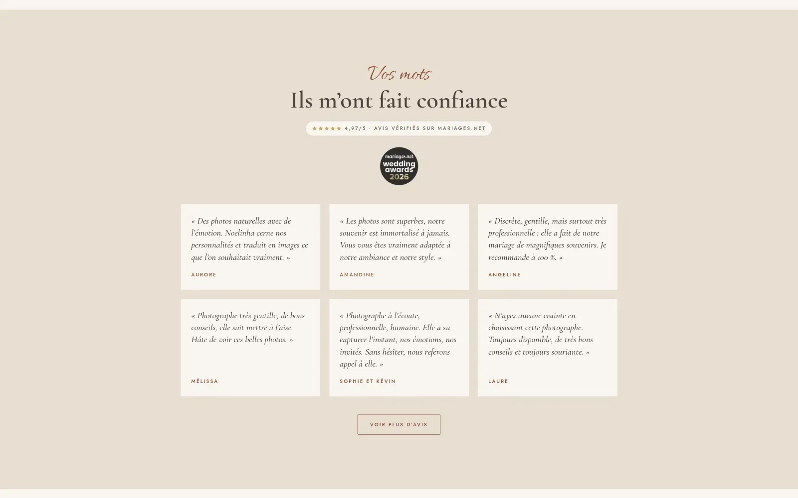 Les avis de ses mariés repris sur le site, avec la note mariages.net et le badge Wedding Awards 2026