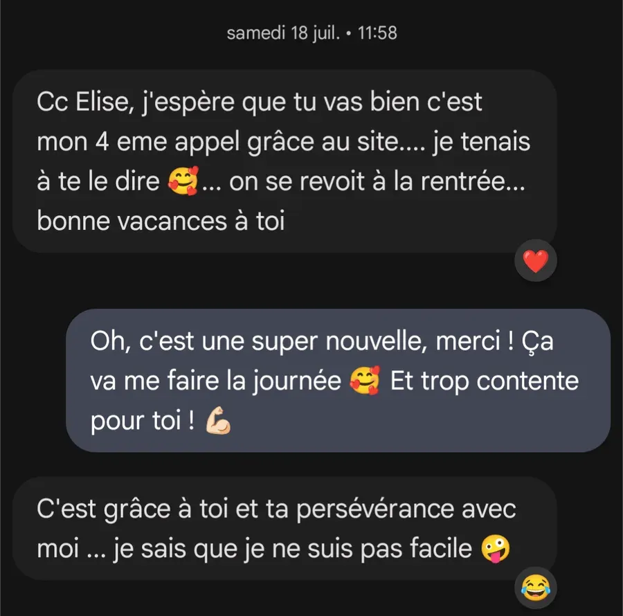 Message de Sébastien Mion : « c'est mon 4ème appel grâce au site... je tenais à te le dire », puis « c'est grâce à toi et ta persévérance avec moi »