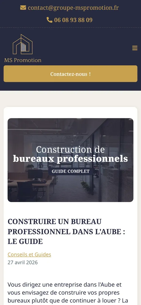 L'article « Construire un bureau professionnel dans l'Aube » sur le site de MS Promotion, vu sur téléphone