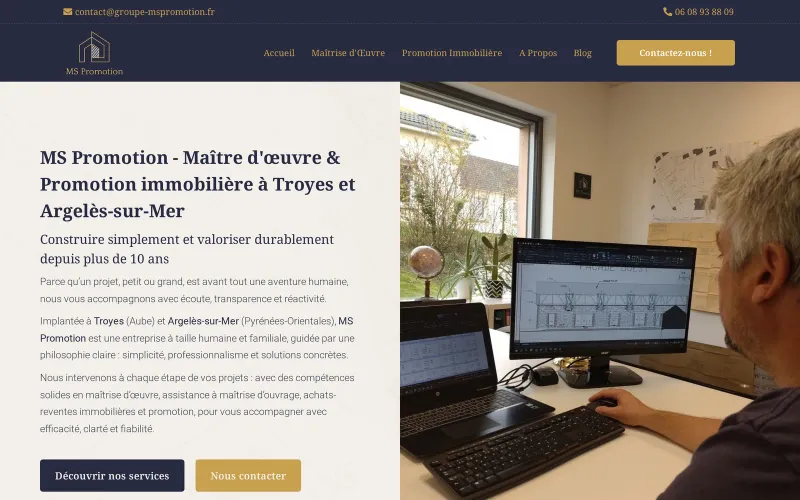 Page d'accueil du site de MS Promotion, maître d'œuvre à Troyes