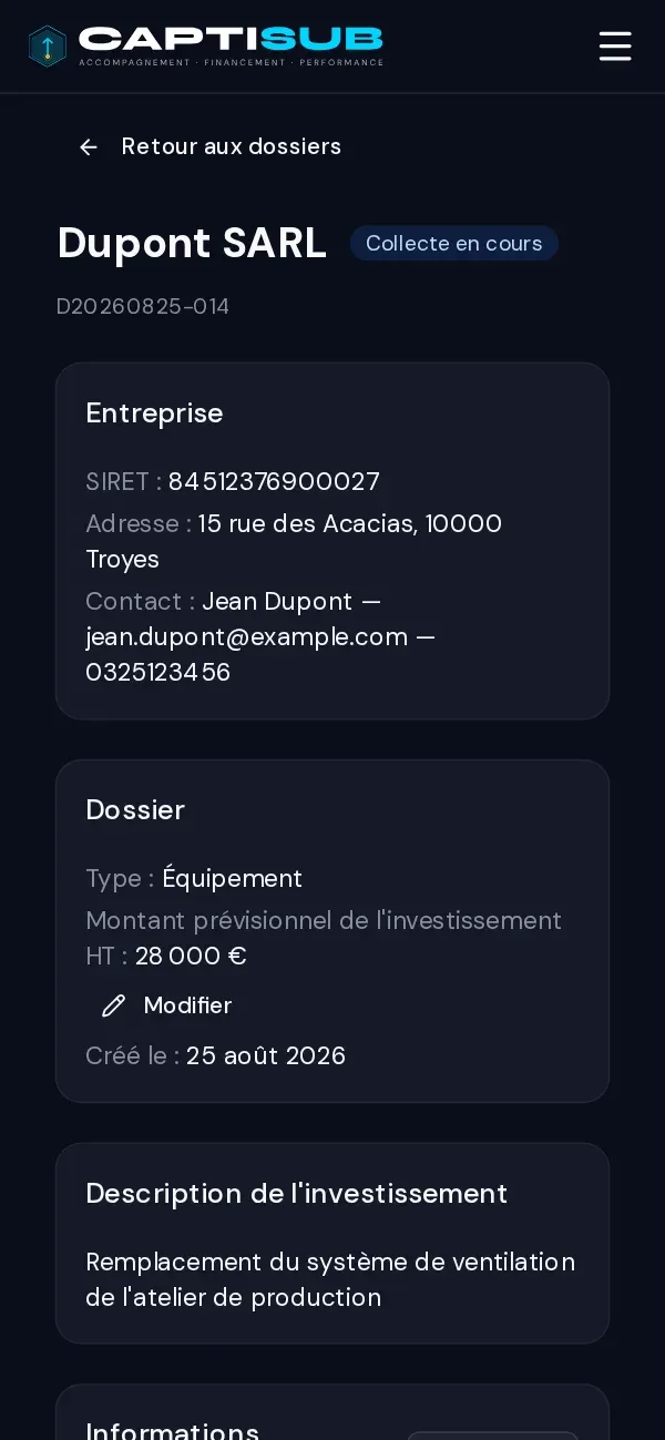 Le détail d’un dossier de subvention sur téléphone