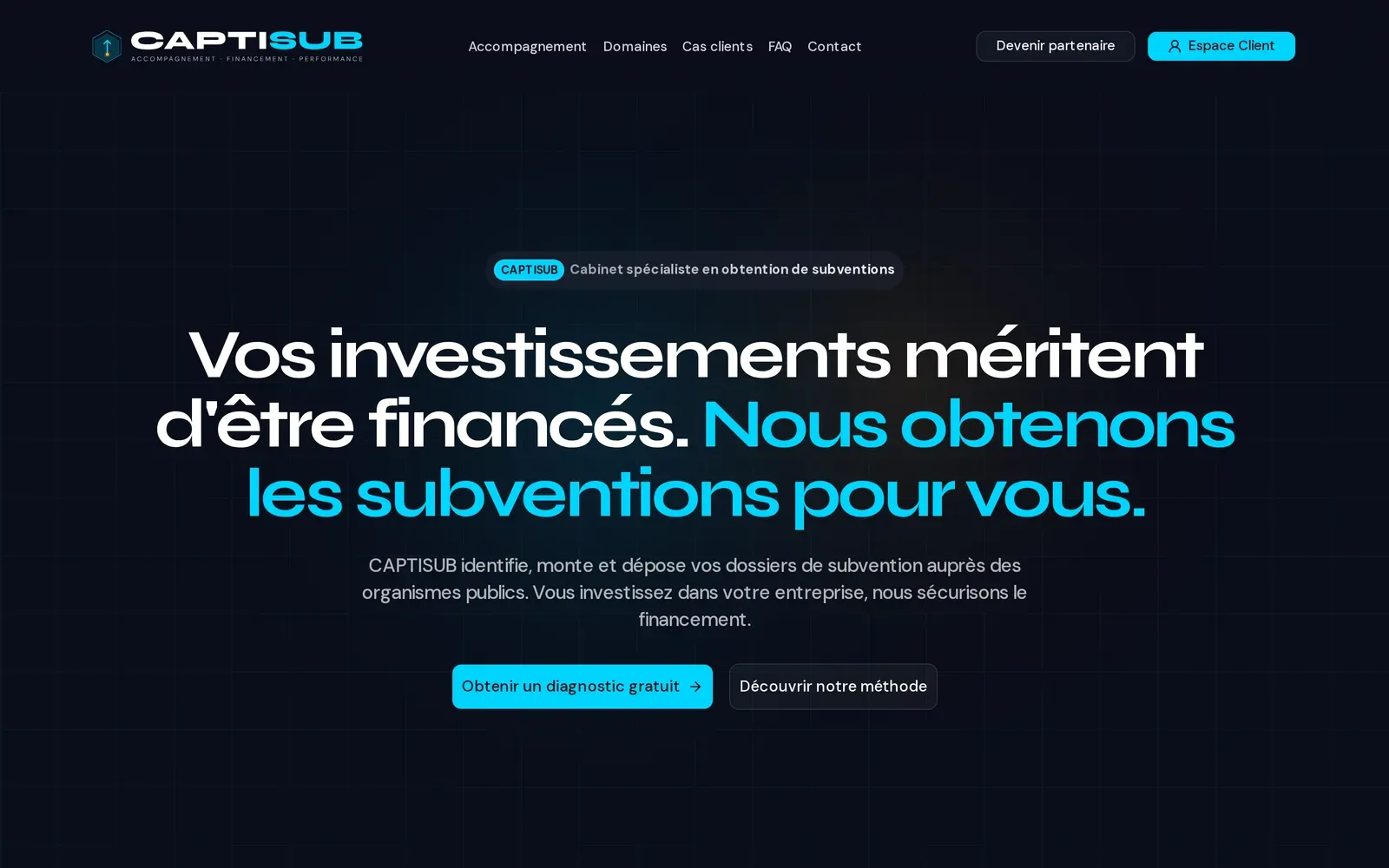 Page d'accueil du site de CAPTISUB, cabinet spécialisé en obtention de subventions