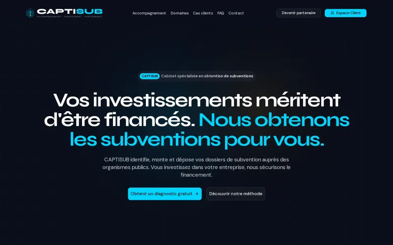 Page d'accueil du site de CAPTISUB, cabinet spécialisé en obtention de subventions