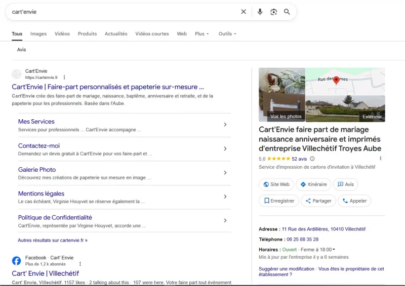 Fiche Google Business Profile de Cart'Envie, créatrice de papeterie personnalisée à Villechétif près de Troyes, avec avis clients 5 étoiles