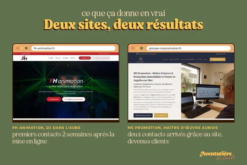 Deux sites créés par Aventurière du Web dans un cadre de navigateur : FH animation, DJ dans l'Aube, premiers contacts 2 semaines après la mise en ligne ; MS Promotion, maître d'œuvre aubois, deux contacts arrivés grâce au site devenus clients