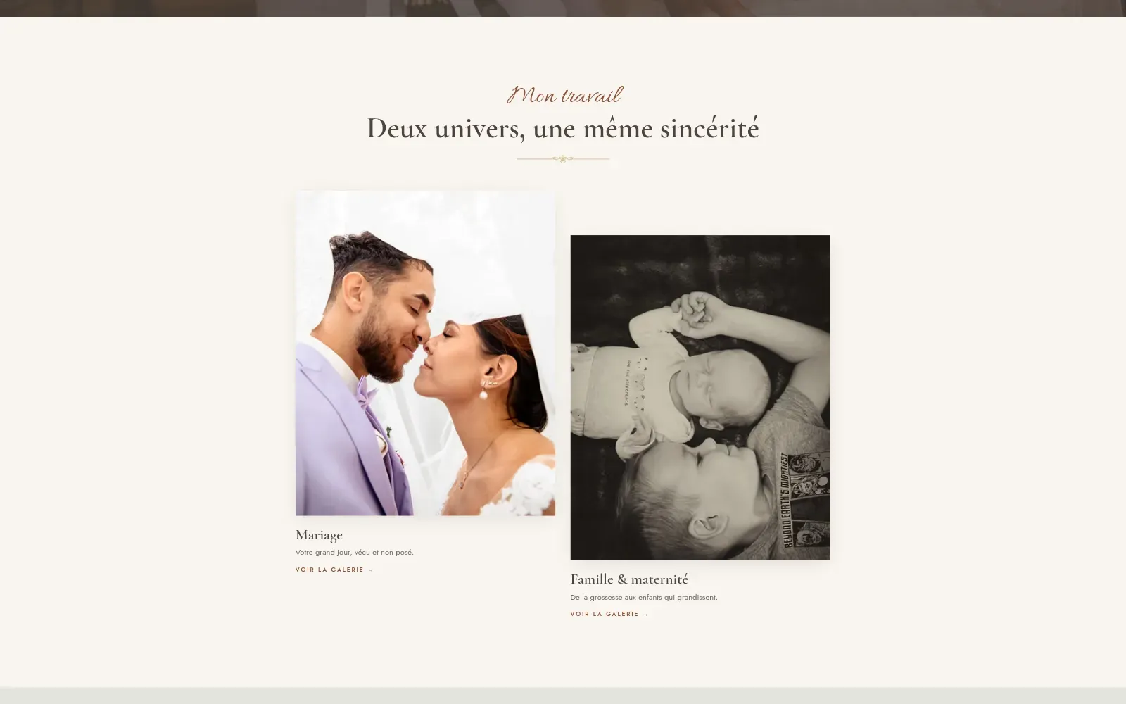 La section « Deux univers » de l'accueil : deux grandes photos décalées, mariage et famille