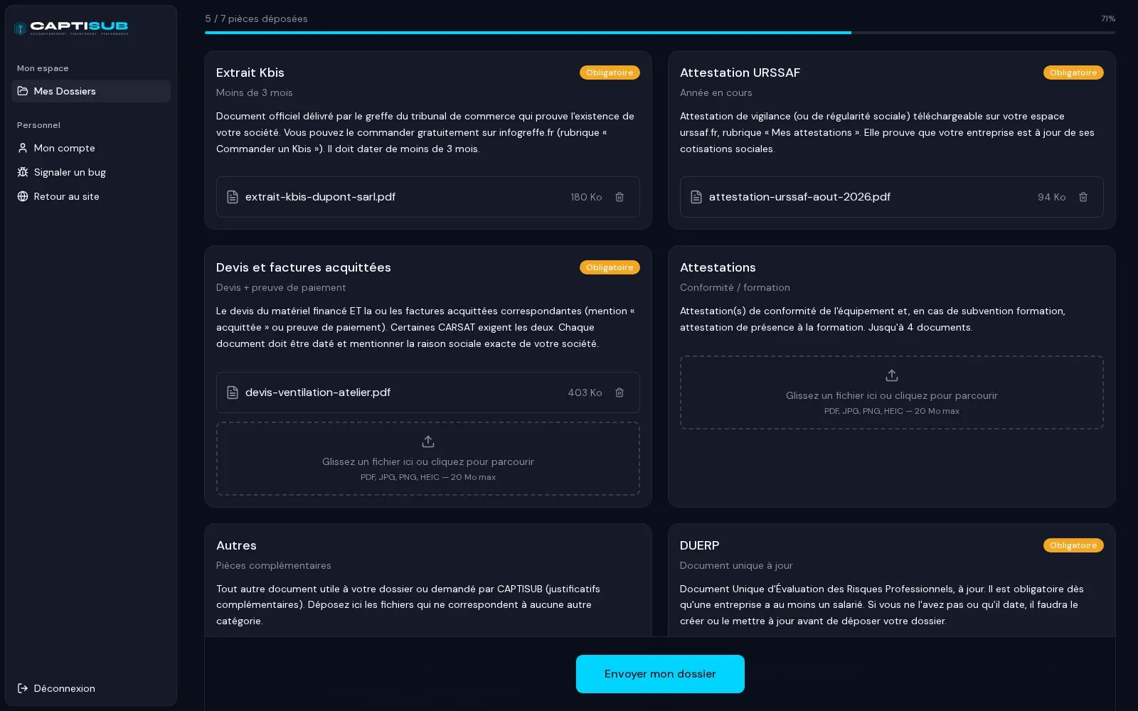 La checklist des pièces d’un dossier dans l’espace client, avec la barre de progression