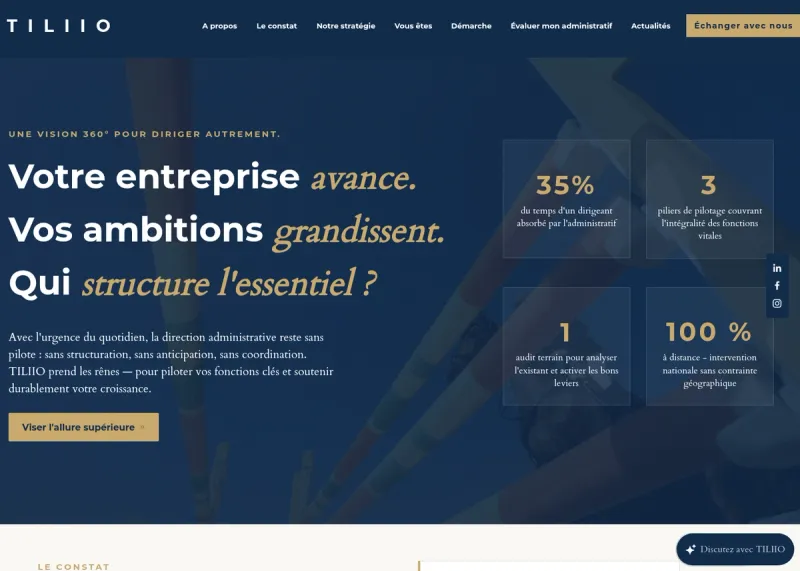 Page d'accueil du site tiliio.fr : titre, chiffres clés et menu par service