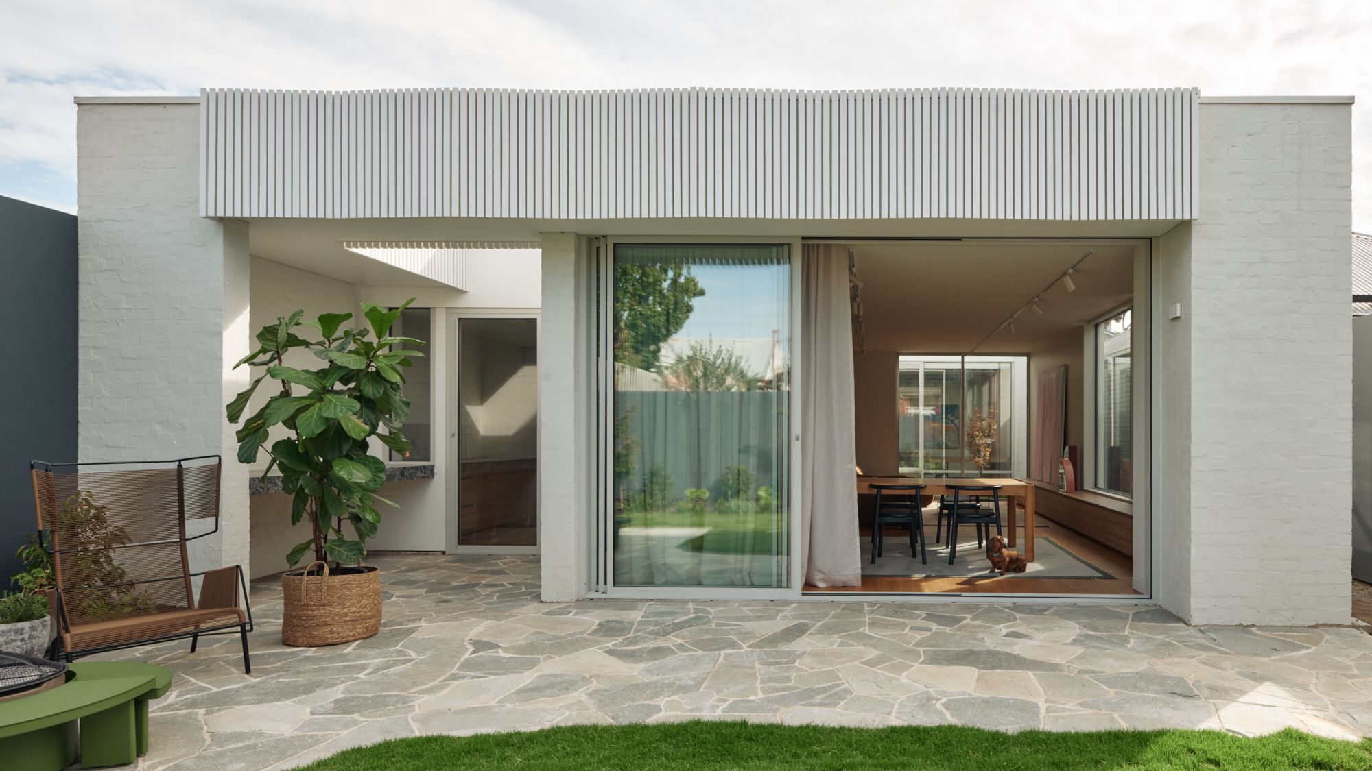 An exterior view of the house showing the extension with crazy paving and a glimpse of the dinning inside the house together with the family dog.  | Peavey Residence II by FYC Architects and Snakes & Ladders Projects | Prahran | Veeral Patel