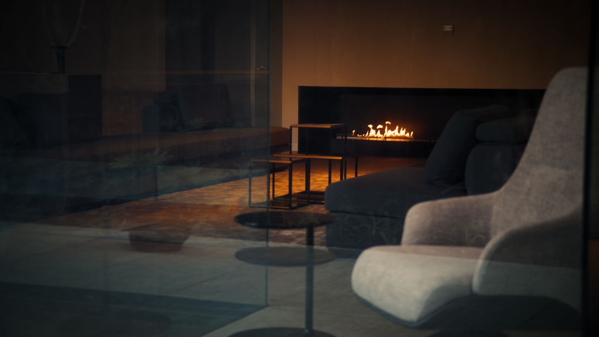 A view of the lobby inside The International, Brighton with the fireplace running.  The International, Brighton developed by Landream & V-Leader | Architecture by Carr | Architectural Film by Veeral Patel
