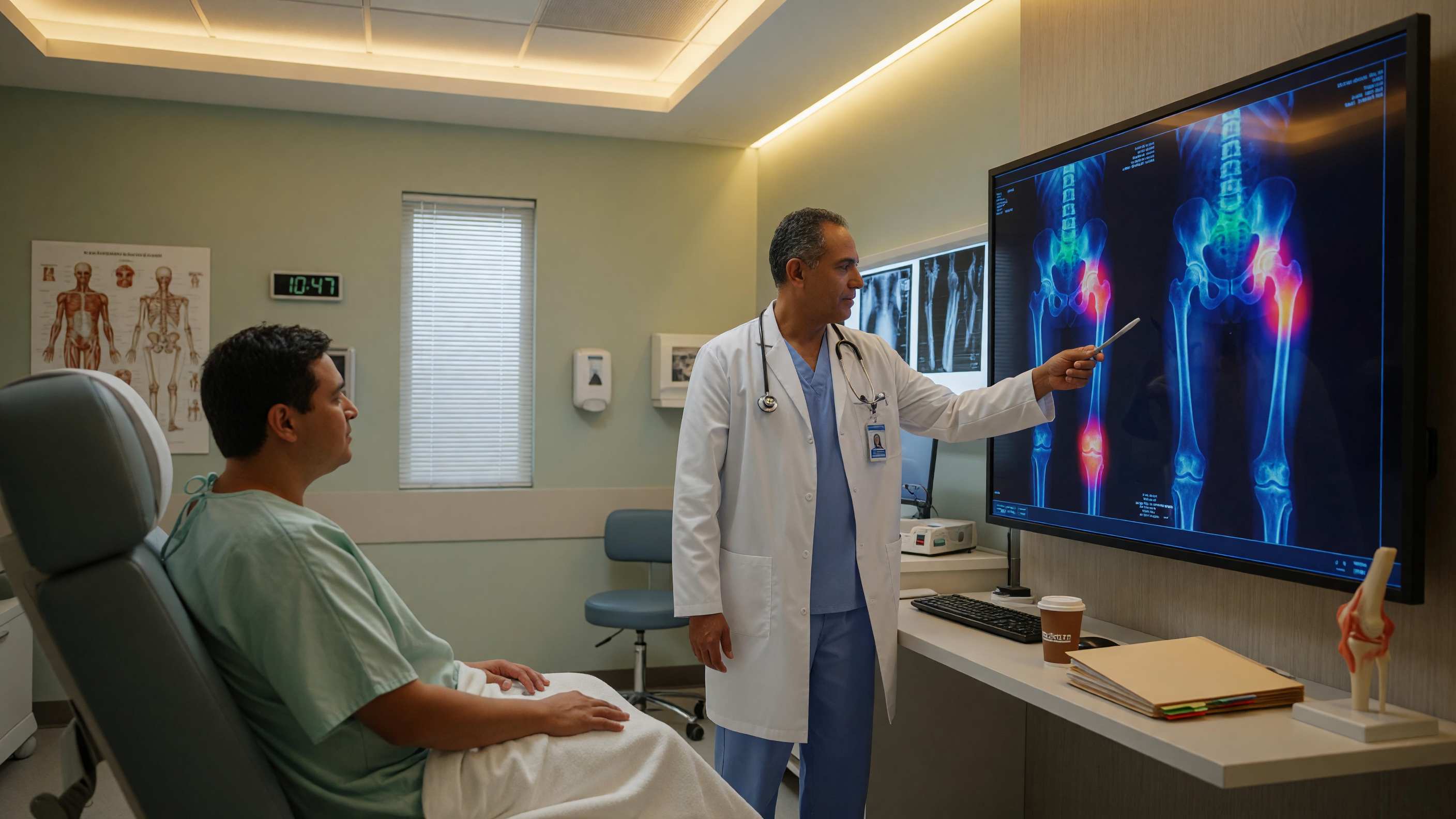 Doctor reviewing a bone scan to identify bone cancer symptoms and warning signs