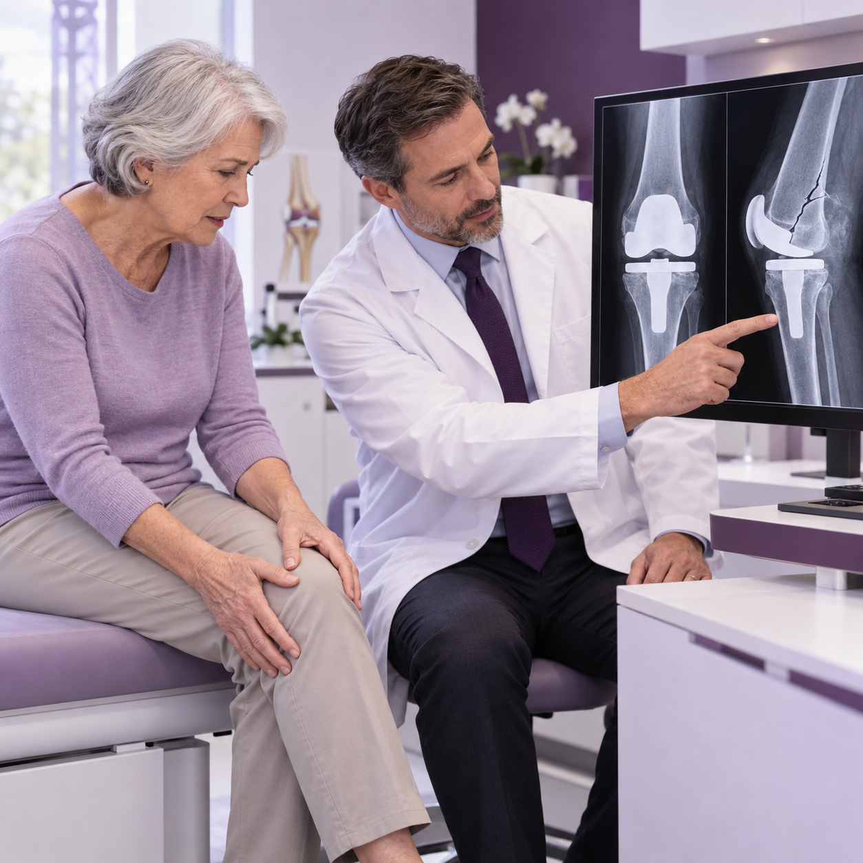 Orthopedic surgeon reviewing an X-ray showing periprosthetic fracture symptoms around a knee implant