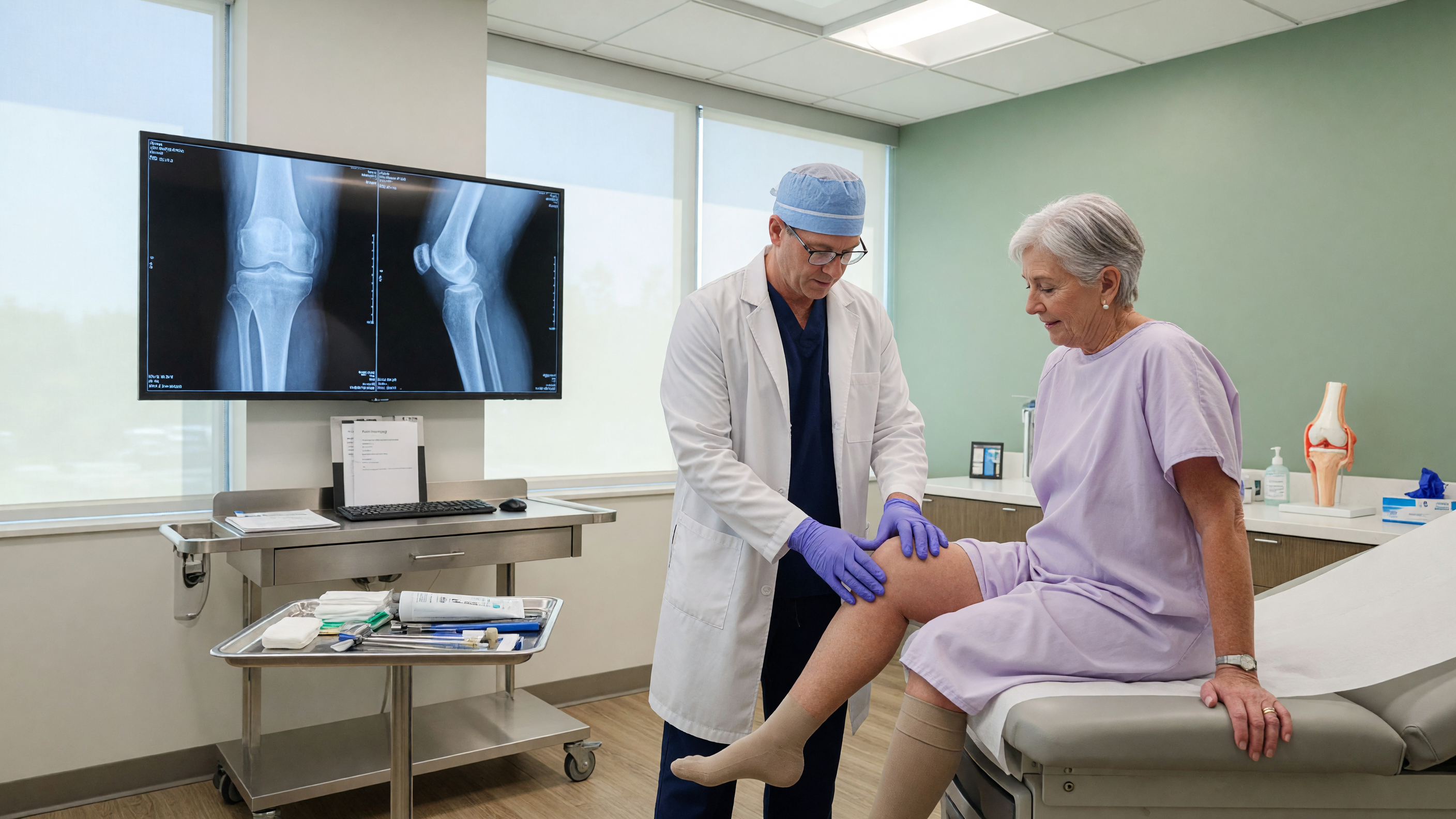 Orthopedic specialist examining a patient's knee during knee arthritis treatment consultation