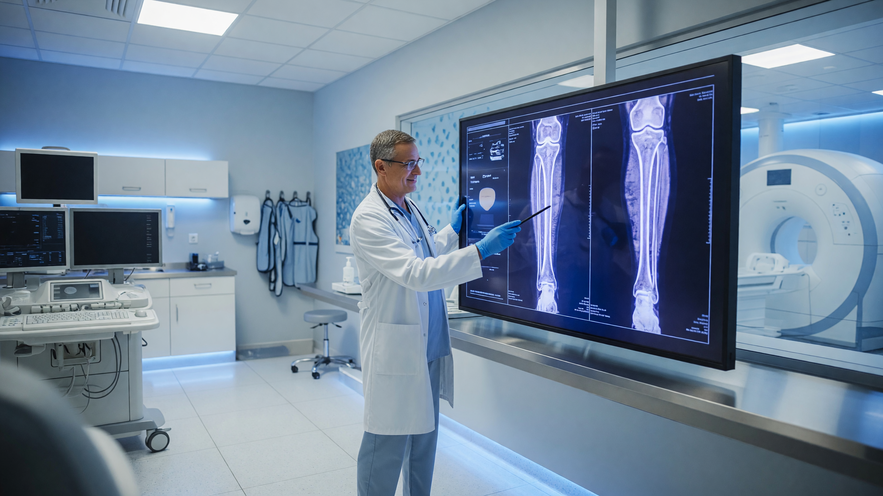 Doctor reviewing MRI scan during osteomyelitis diagnosis of bone infection