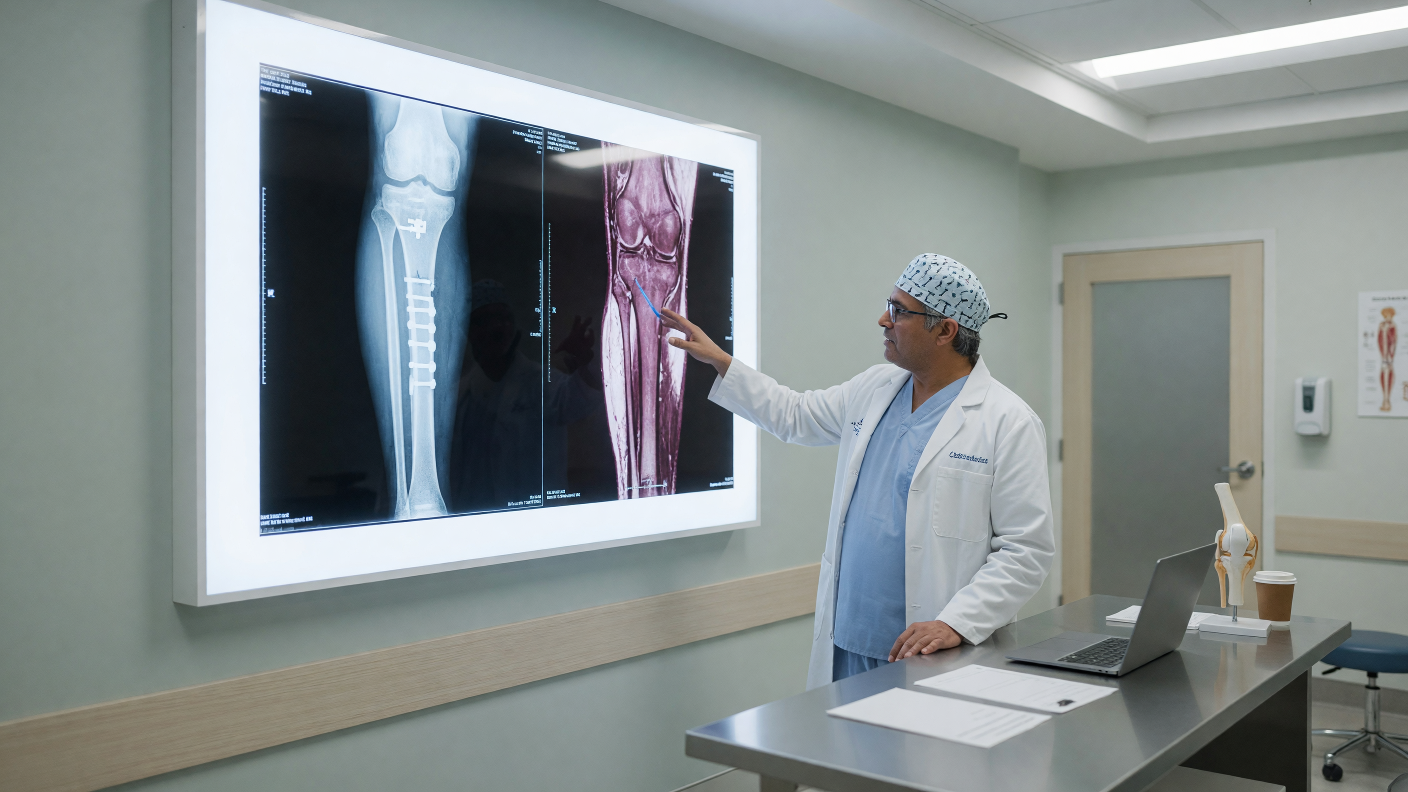 Orthopedic surgeon reviewing bone scan to decide when a bone tumor needs surgery
