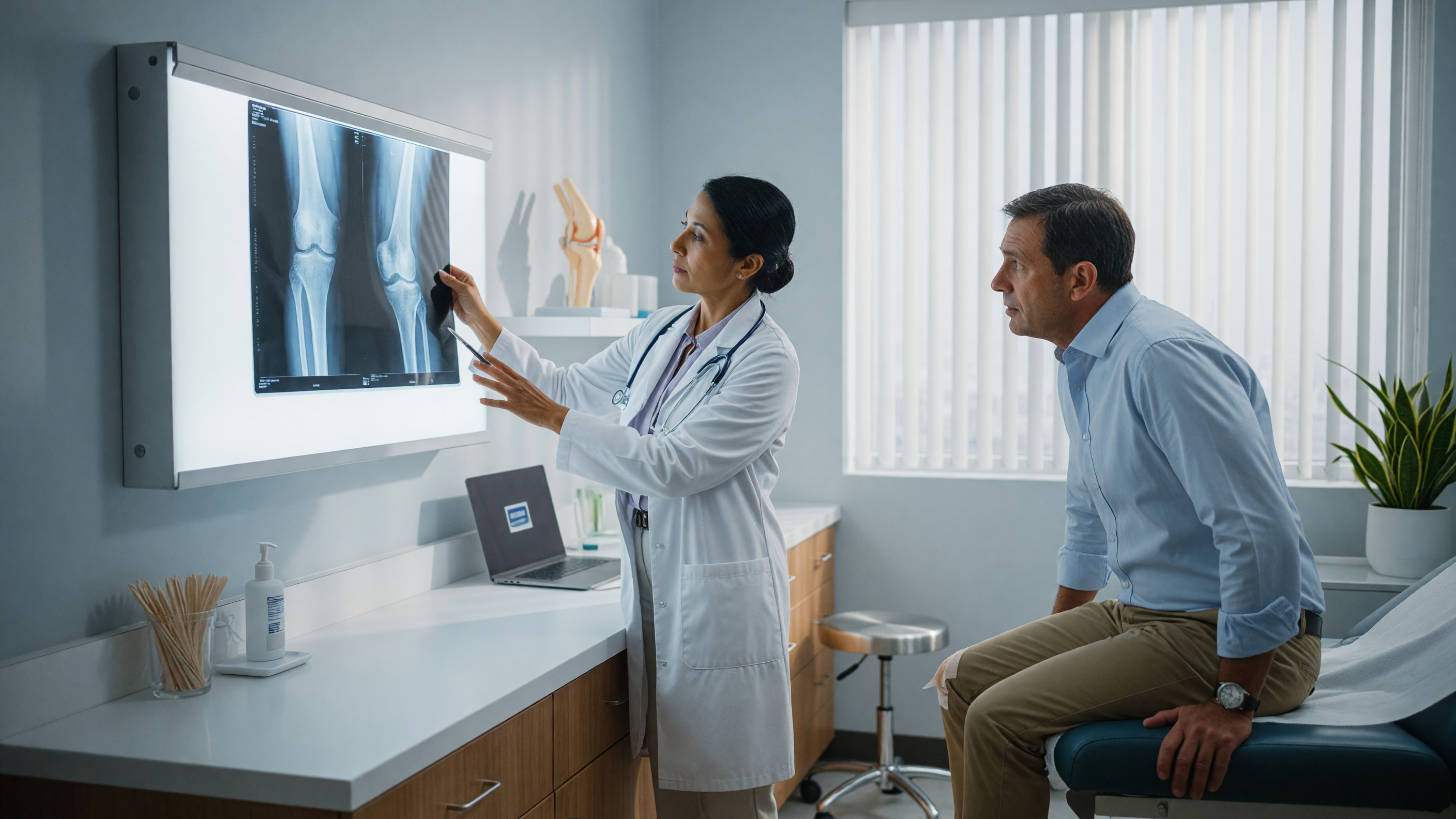 Doctor examining an X-ray while evaluating persistent bone pain causes and possible bone tumor