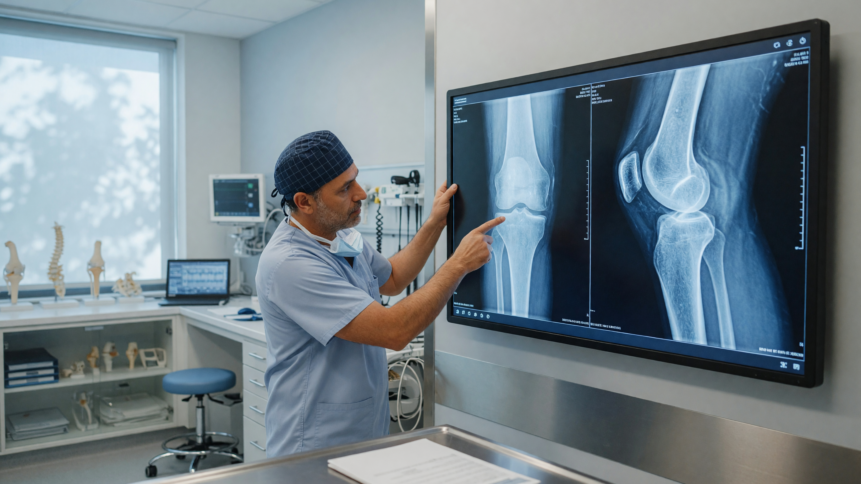 Orthopedic surgeon reviewing bone scan for chronic osteomyelitis treatment at Lux Hospitals