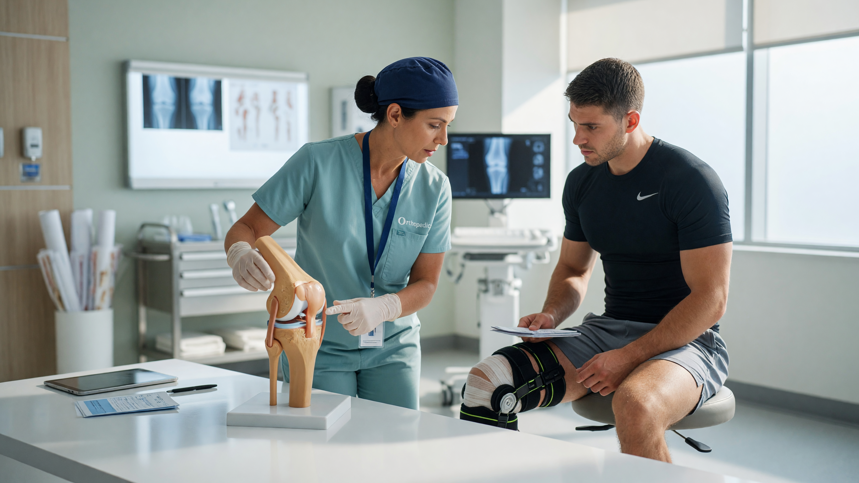 Orthopedic surgeon discussing ACL tear treatment options and knee model with a patient