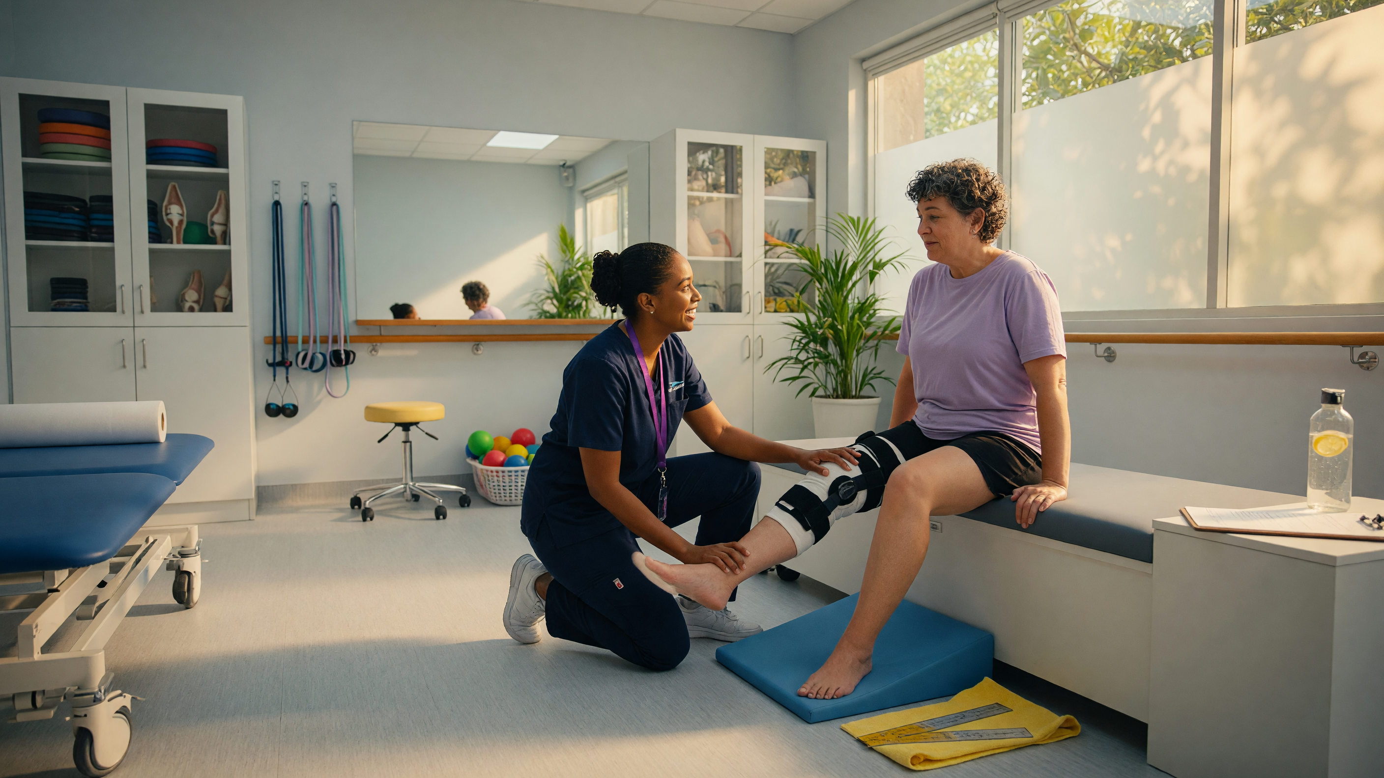 Patient doing physical therapy exercises during knee replacement recovery with a therapist