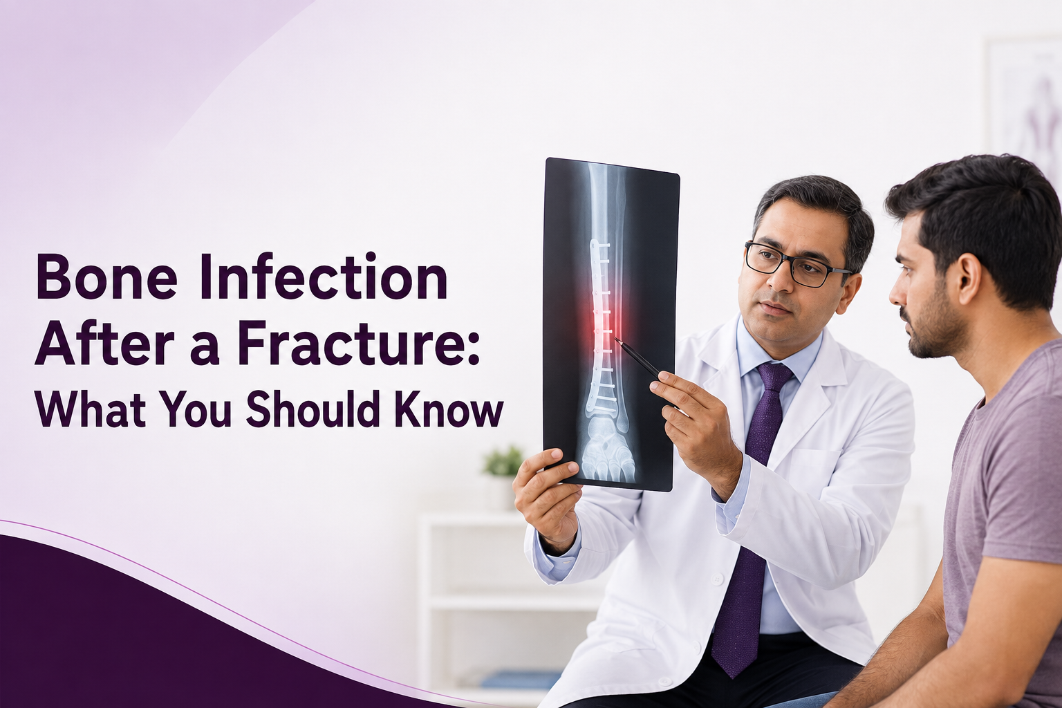 Orthopedic surgeon examining an X-ray showing a bone infection after fracture