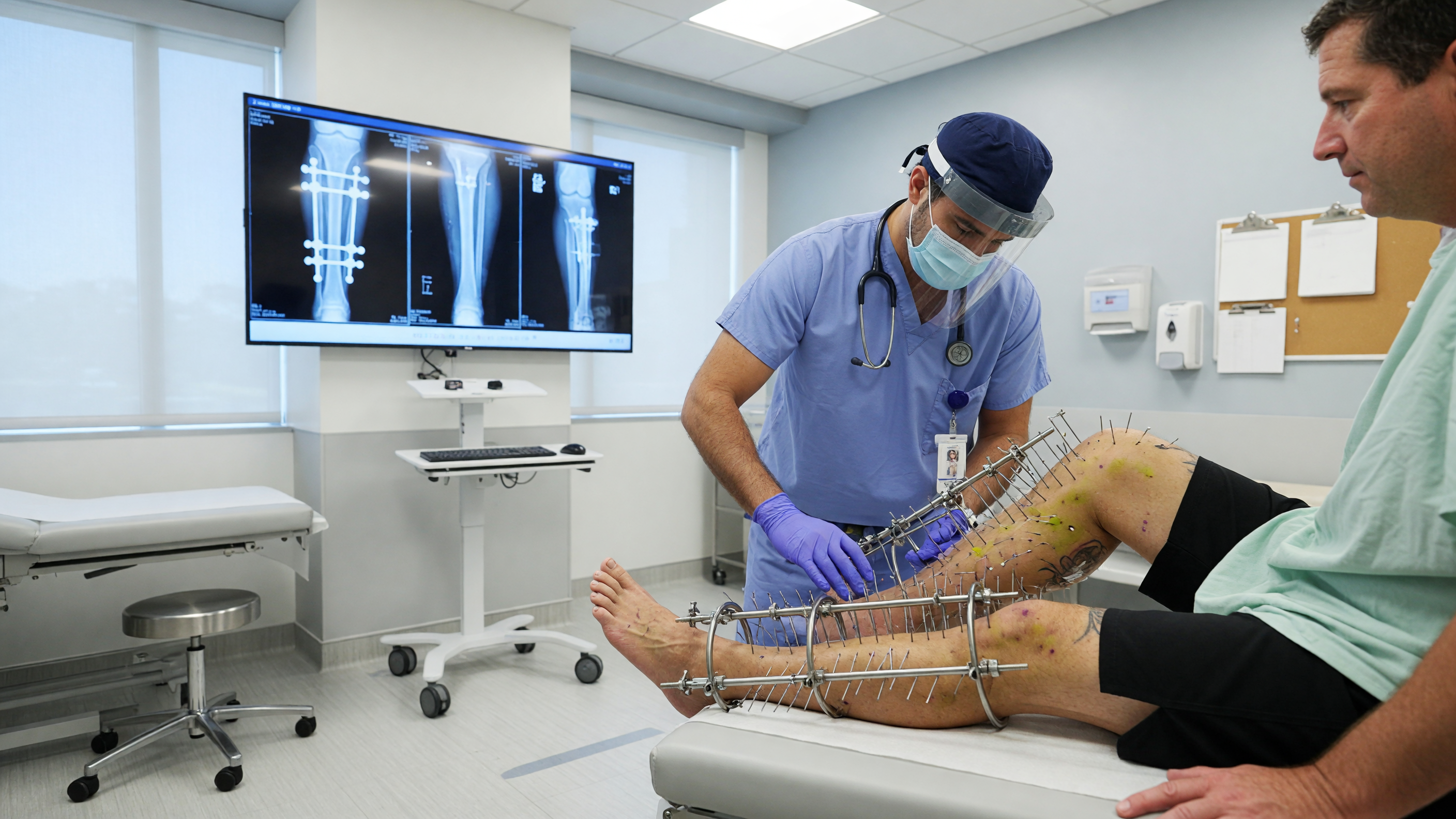 Orthopedic surgeon examining a leg with an Ilizarov ring fixator during limb reconstruction