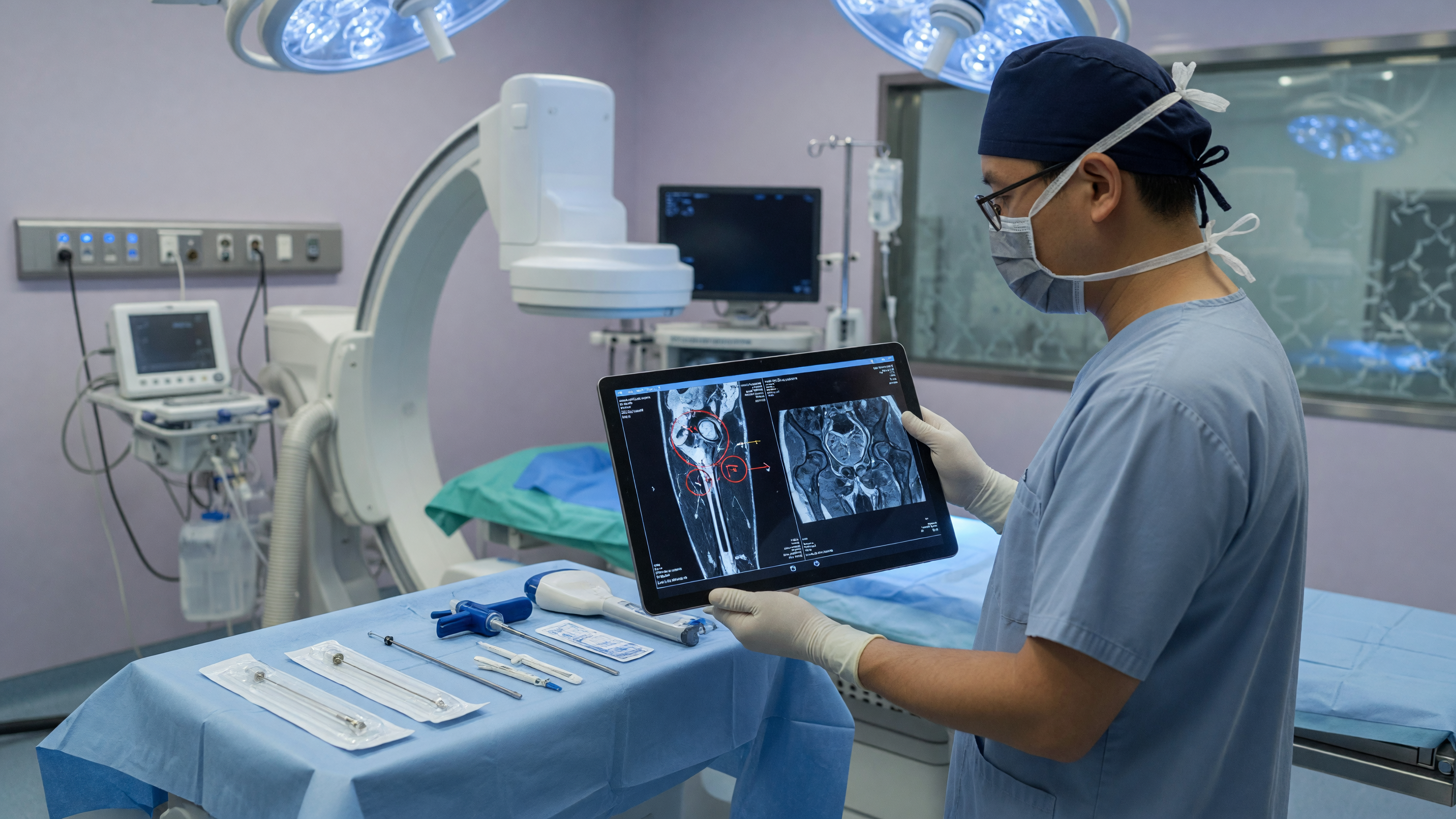 Orthopedic specialist reviewing imaging before a bone tumor biopsy procedure