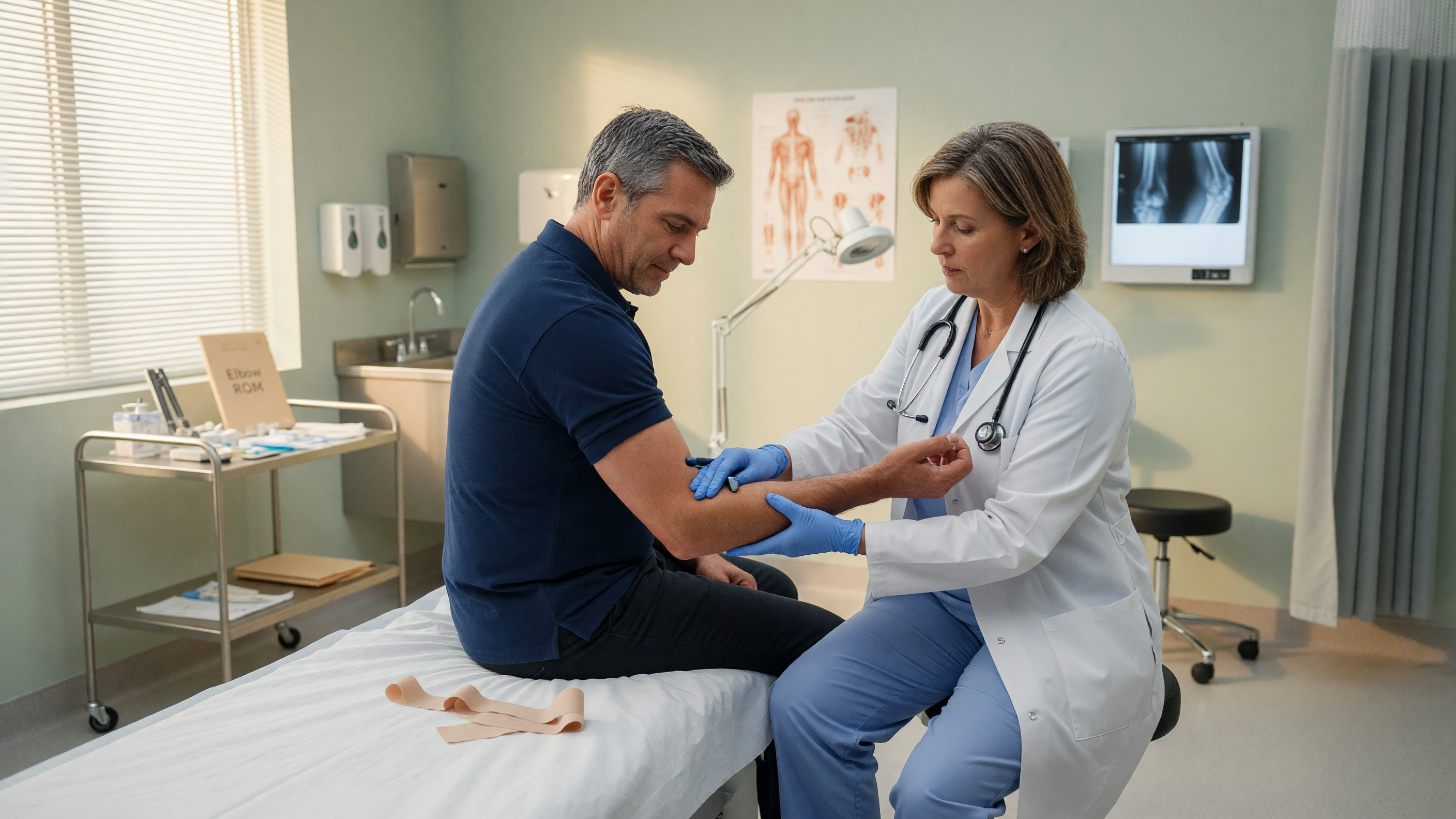 Doctor examining a patient's elbow during tennis elbow treatment consultation