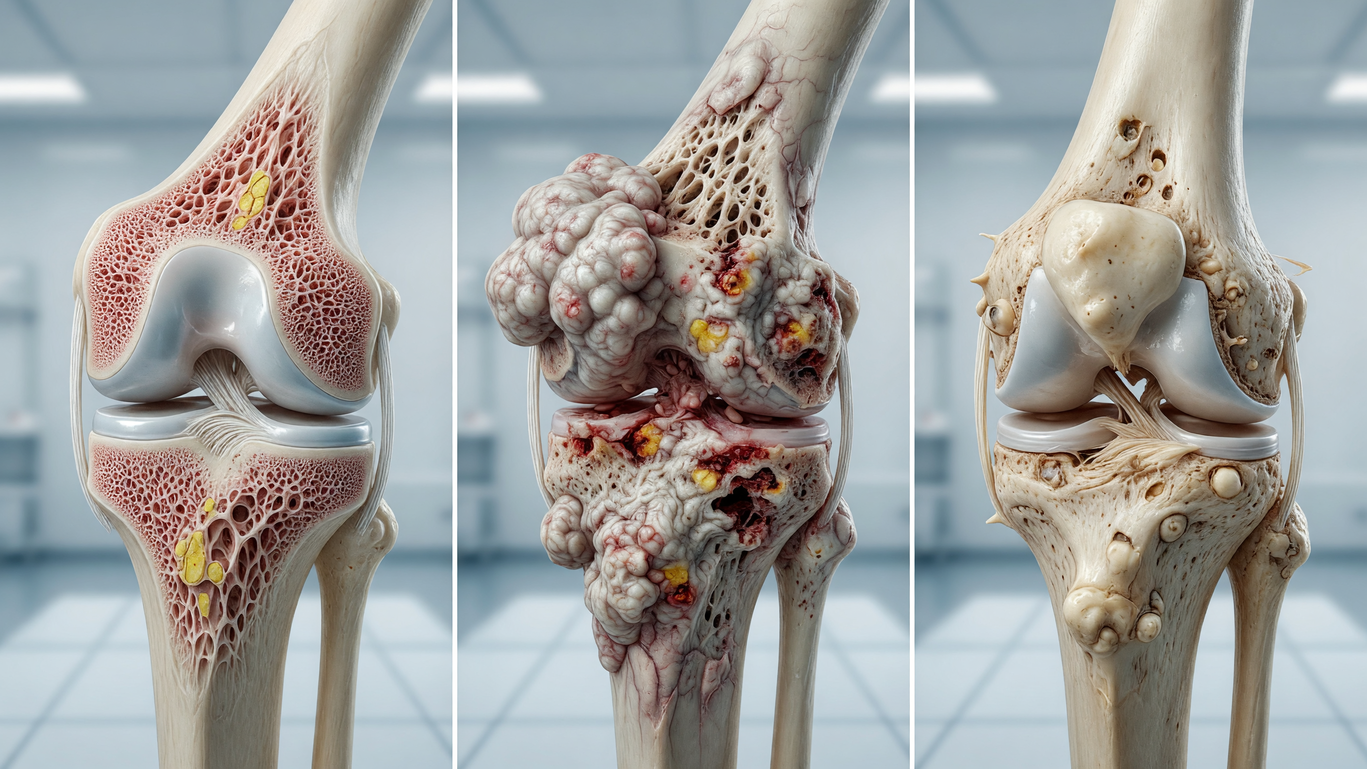 Comparison illustration showing bone cancer vs arthritis differences in bone and joint anatomy