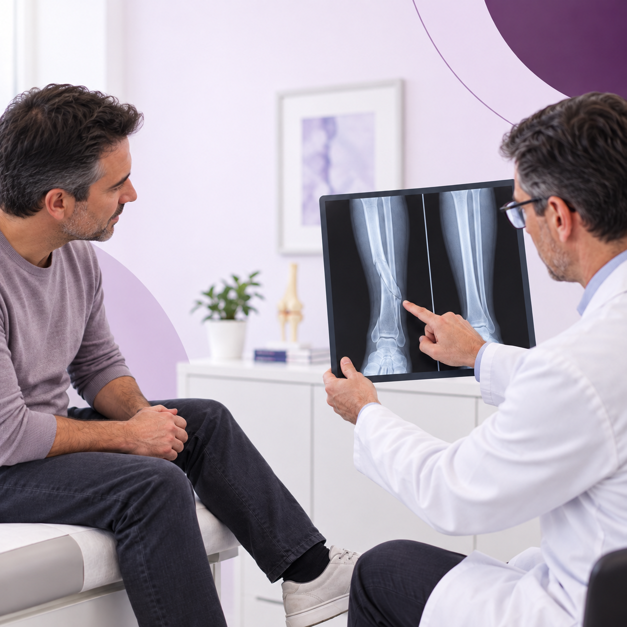 Orthopedic surgeon reviewing X-ray for malunited fracture correction planning